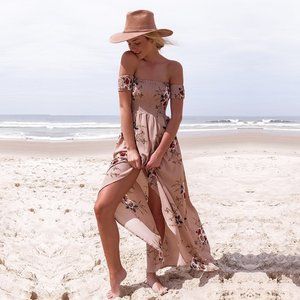 Tan Boho Printed Floral Maxi Dress